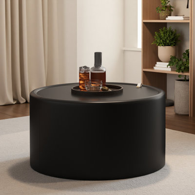 Table basse ronde avec plateau en verre trempé, corps en cuir PU et rangement caché pour le salon, table d'appoint moderne