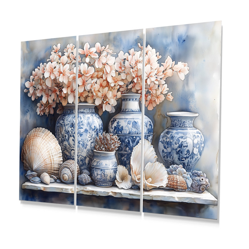 Poterie en tons de bleu et blanc II - ensemble de décoration murale de poterie côtière, Métal métal
