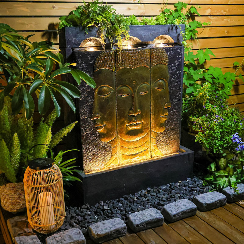 Fontaine murale cascade Bouddha de 45 po avec rainure de plantation, dorée