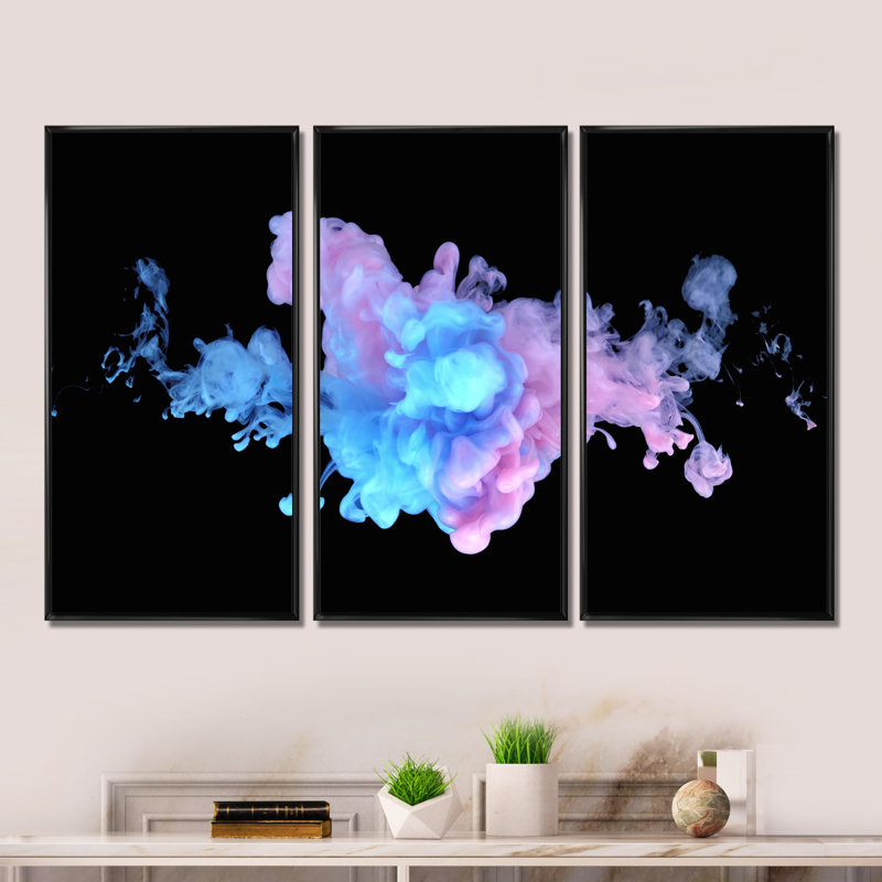 Mauve et bleu, nuages d'encre sur fond noir - impression sur toile flottante 3 pièces, H 28 po x l 36 po x P 1 po, Cadre noir
