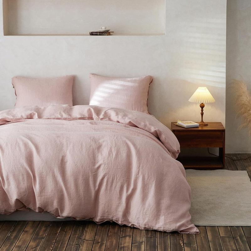 Duvet Cover Set-Button Loop, Full Duvet Cover + 2 Standard Shams, Dusty Pink