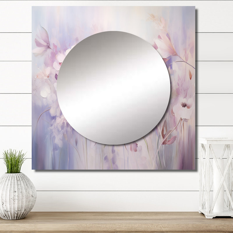 Mauve botanique Whispers III - Grand miroir mural carré abstrait Botanicals pour chambre à coucher, 23 po x 23 po