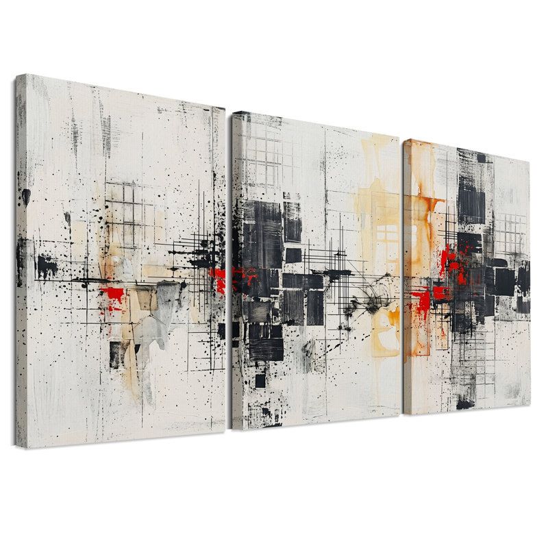 Ensemble de 3 toiles murales à motifs géométriques abstraits ocre noir et rouge, 18"H x 12"W x 3pcs