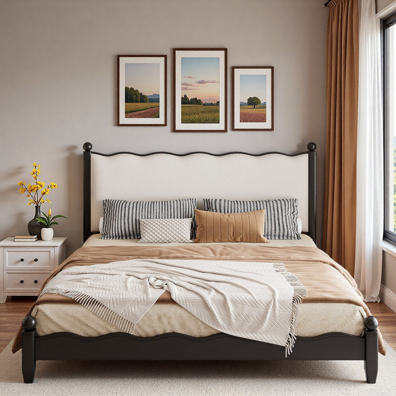 Wood Platform Bed With Upholstered Scalloped Headboard, Black/Beige, King