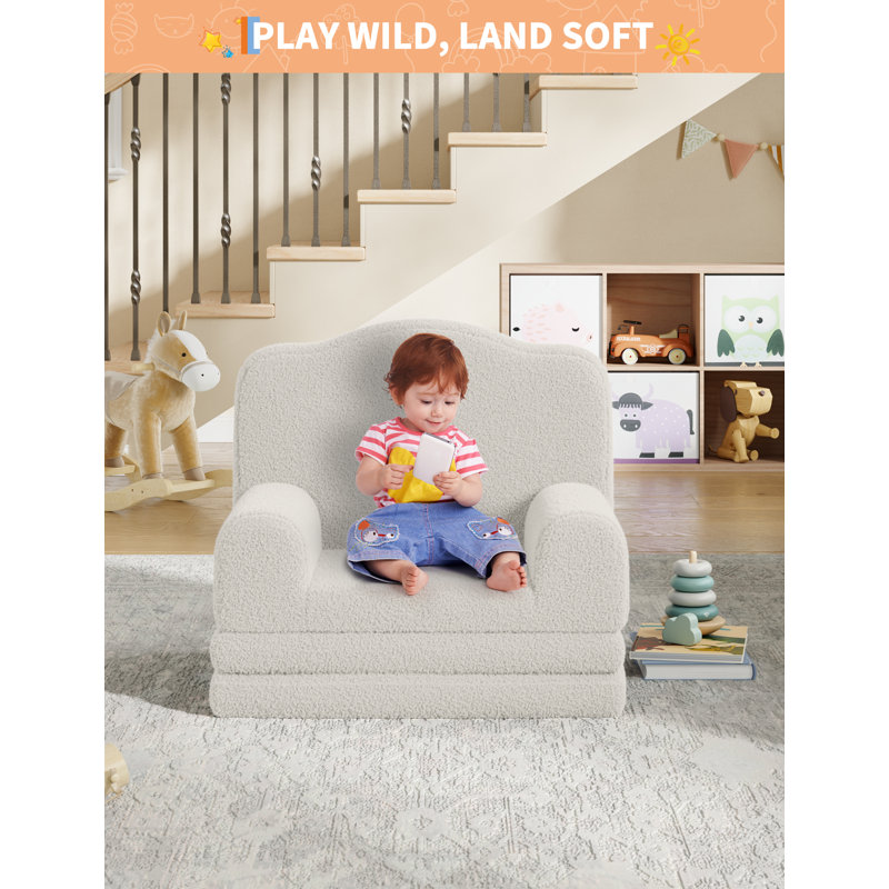 Kids Sofa Chair, Sherpa Convertible Toddler Couch with Washable Cover, Crown Design Comfy Children's Reading Chair, Fold Out Sofa Bed for Playroom, Nursery