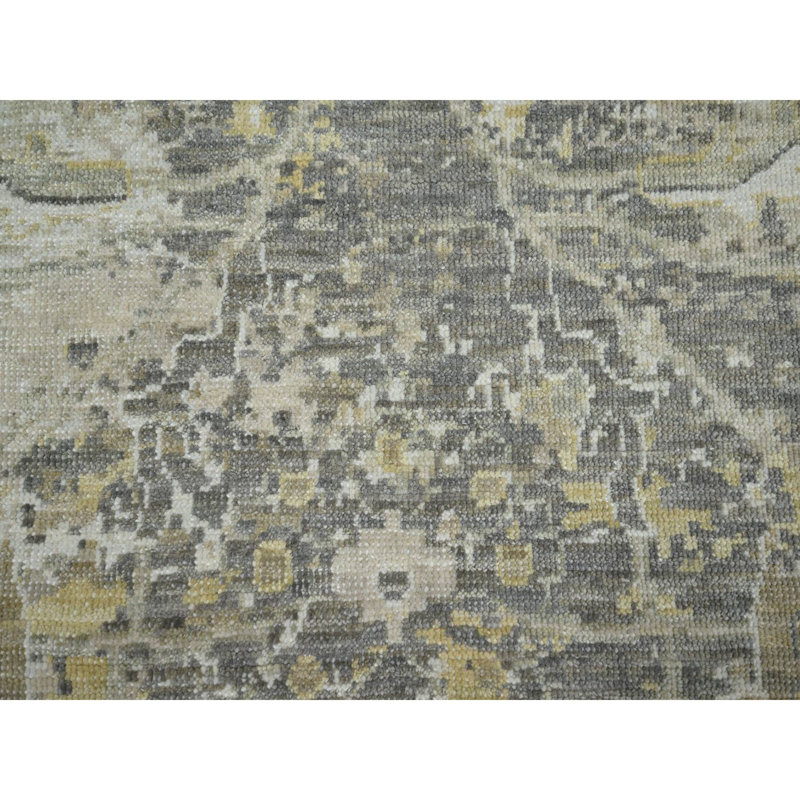 Tapis oriental gris 9 pi 2 po x 12 pi 5 po avec motif oriental beige, noué à la main, cassé et effacé, 100% laine