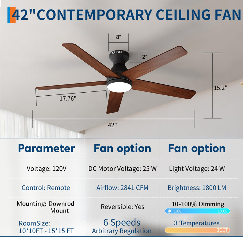 Ventilateur de plafond à profil bas de 42 pouces avec lumière et télécommande - Ventilateur encastré moderne à 5 pales et à intensité variable pour le salon de la chambre à coucher
