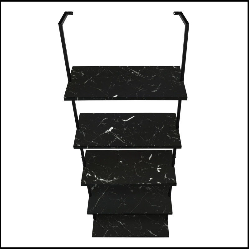 Contemporary 5-Tier Ladder Bookshelf with Black Marble-Look Shelves, Perfect for Modern Office and Bedroom Storage, Black