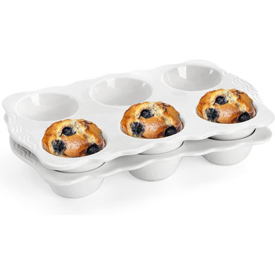 Ensemble de 2 moules à muffins antiadhésifs en céramique, 6 tasses de plat à petits gâteaux blanc avec bords allongés pour la cuisson à domicile