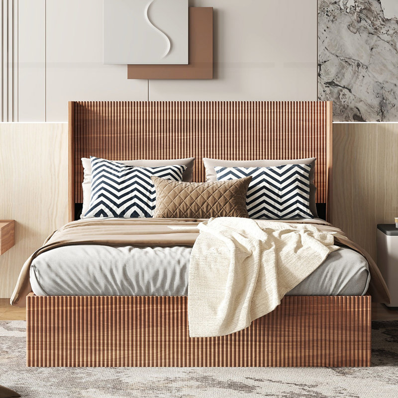 Base de lit plateforme en bois avec rangement relevable, Fer / bois synthétique, Grand
