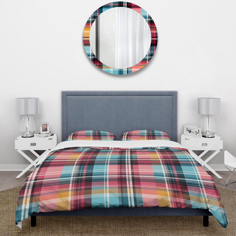 Ensemble de housse de couette bohémien à motif écossais rose et bleu, Housse de couette pour très grand lit et 2 très