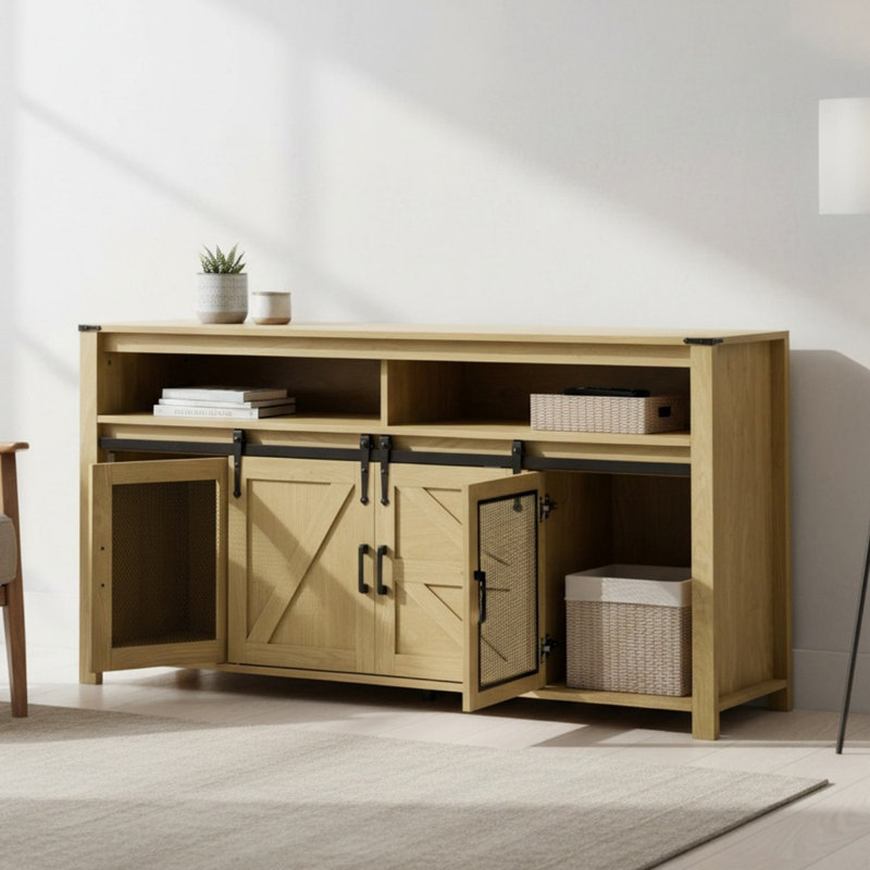 59.31" Sideboard with Sliding Barn Door and Mesh Panels, Farmhouse Buffet with Open Storage, Suitable for Living Room, Hallway