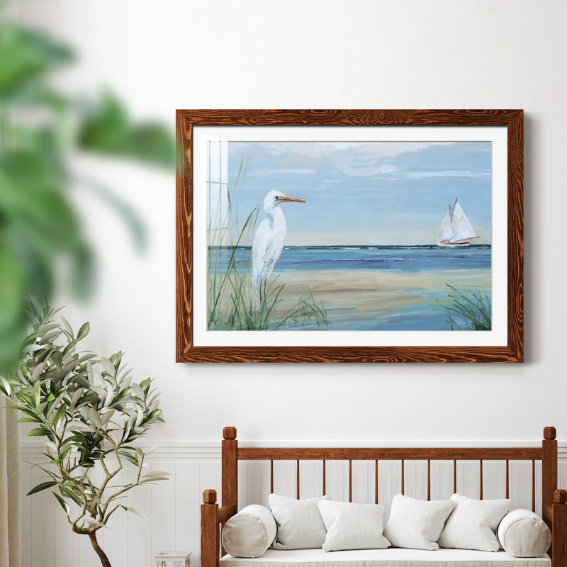 Summer Heron - peinture encadrée, H 31 po x l 44 po x P 1 po, Cadre en érable