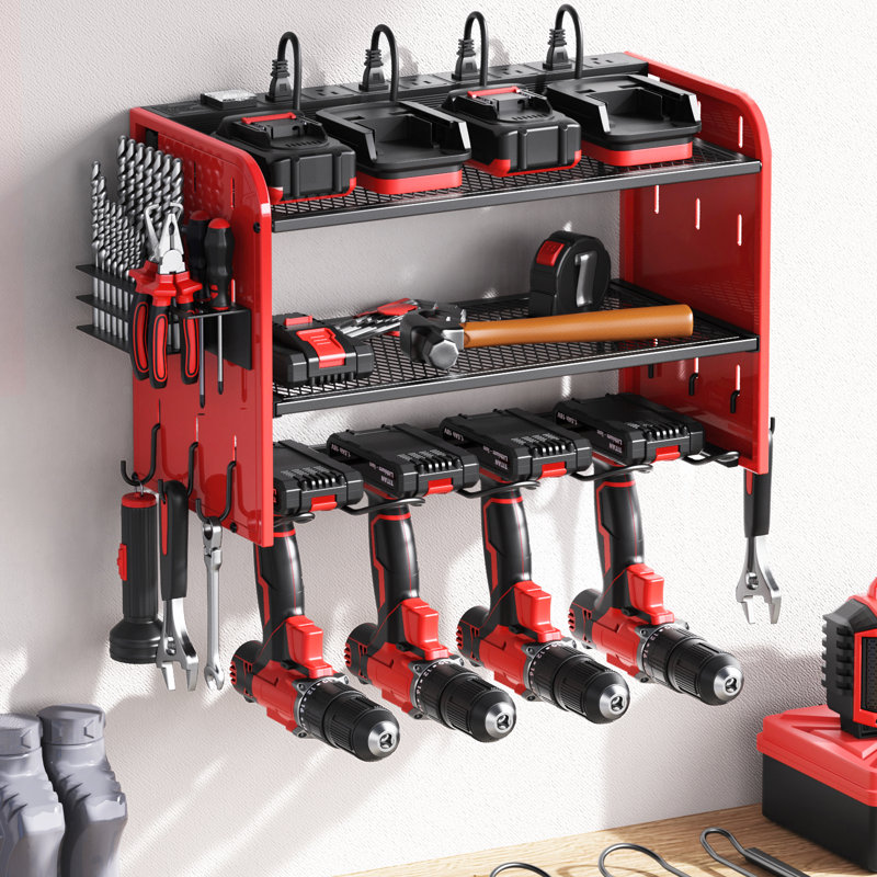 Power Tool Organizer Wall Mount Charging Station With 8 Plug Power Strip And 6 Hooks