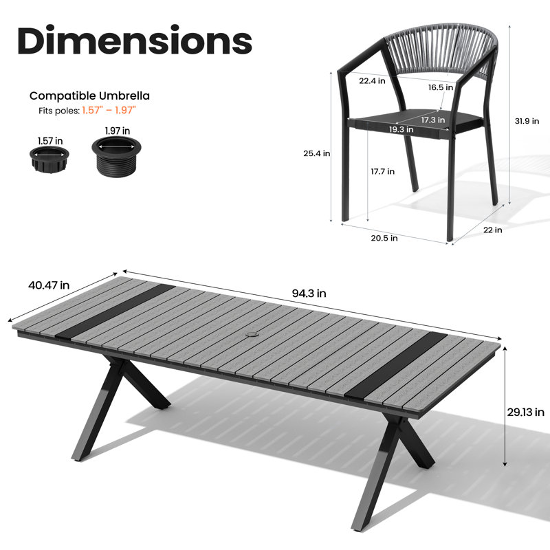 Ensemble repas pour 10 personnes en aluminium avec chaises empilables et trou pour parasol, Gris foncé, Gris foncé