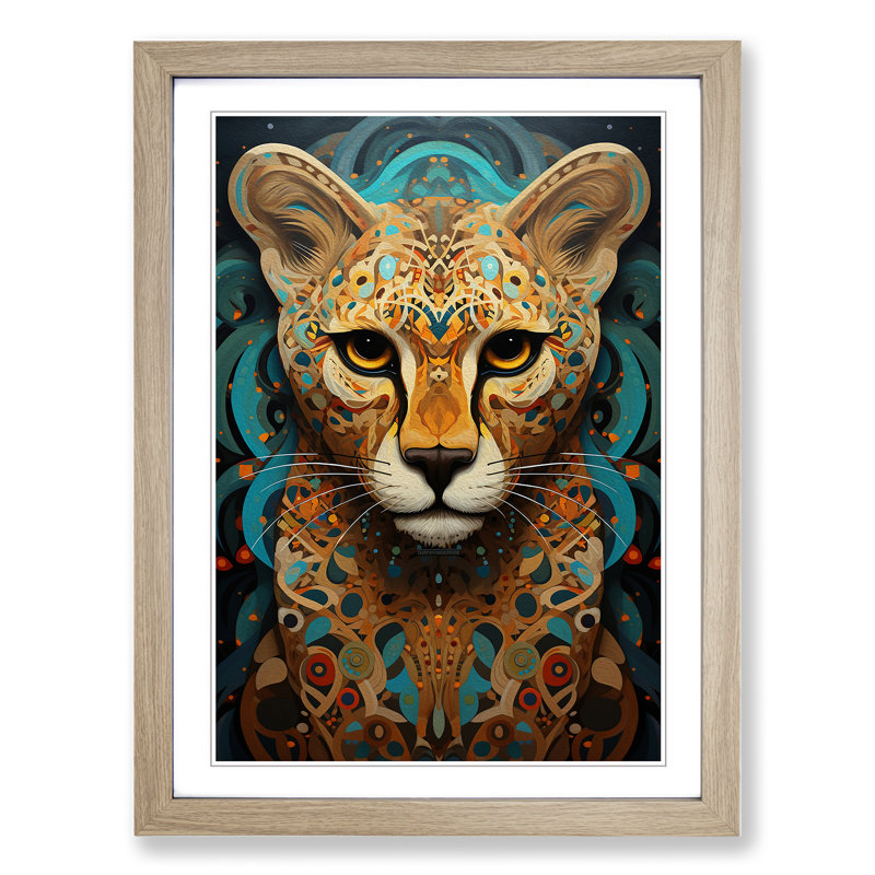 Cheetah Tachisme - Single Picture Frame Print on Wood, 34cm H x 25cm W x 2cm D, Oak Framed