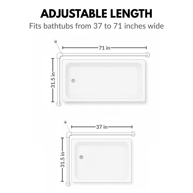 Wall Mounted Adjustable L-Shaped Corner Bathtub Curtain Rod 37 to 71L - Width 31.5 White