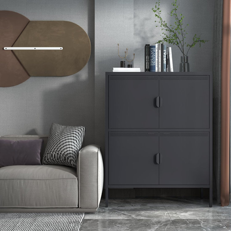 Armoire de rangement en métal, buffet de rangement, armoire autoportante avec 4 portes, Noir, noir, noir, noir