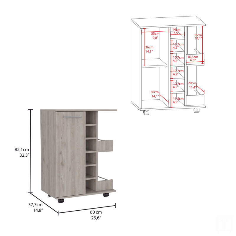 Bar Cart, Two External Shelves, Four Casters, Six Built-In Wine Rack, Single Door Cabinet, Beige