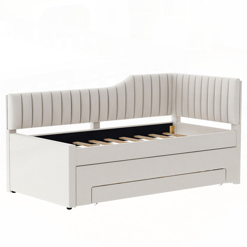 Lit de jour rembourré polyvalent avec lit gigogne et tiroirs multiples pour tous les espaces, Beige, Lit simple
