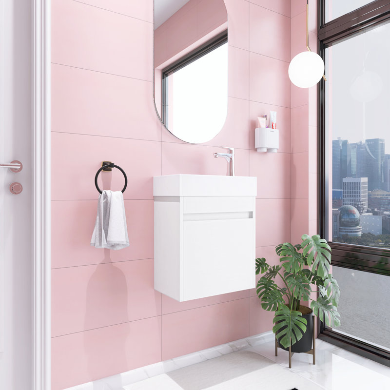 Meuble-lavabo flottant 18 po, meuble à grain droit blanc avec cuve en résine intégrée, Grain droit blanc