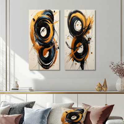 Cercle abstrait en tons de bleu et d'or I - ensemble de 2 pièces d'art abstrait