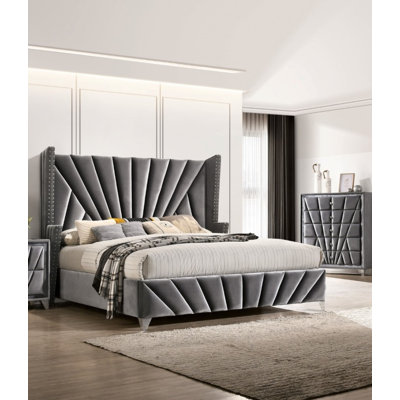 Bedroom Wingback Headboard 1pc Bed Furniture Fabric Upholstered Unique Beautiful Bed