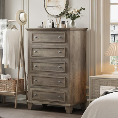 Commode blanche à 5 tiroirs avec poignées en métal, commode de rangement moderne pour chambre à coucher, couloir, salon