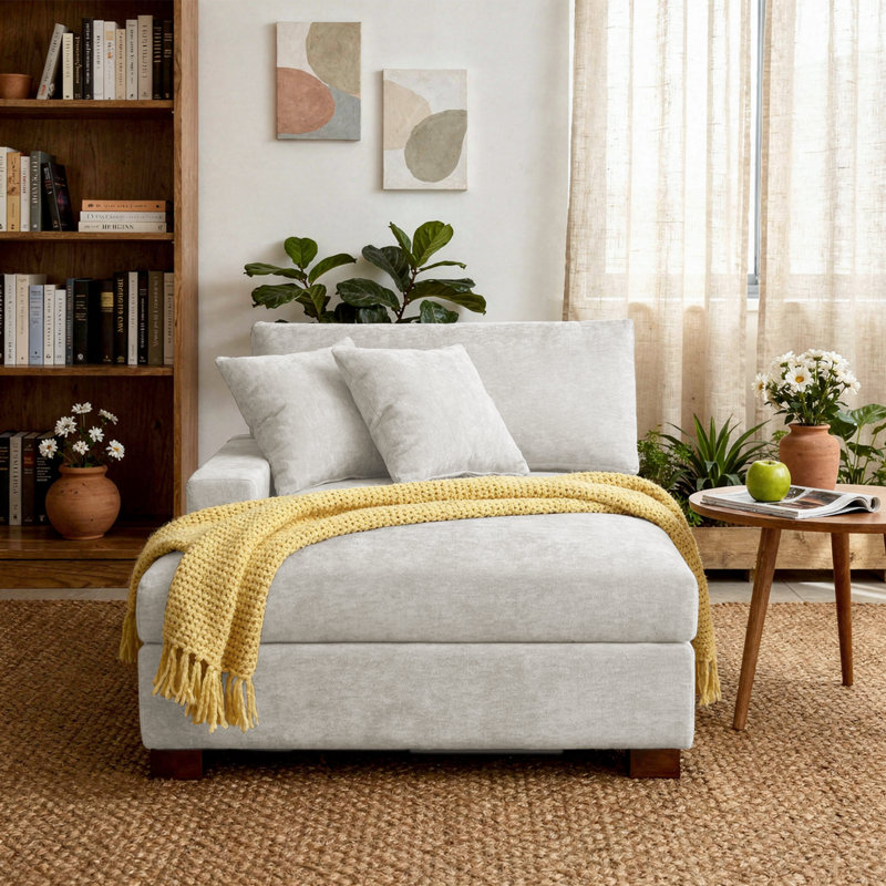 Chaise longue rembourrée, Blanc cassé, Orienté à gauche (vu de face)
