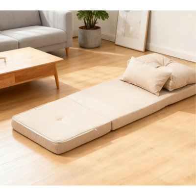 Chaise de plancher, canapé-lit pliant beige à 5 niveaux réglables, fonction 2 en 1, mousse haute densité, deux coussins, structure en acier pour plus de stabilité, lin respirant, chaise avec limite de poids de 264 lb