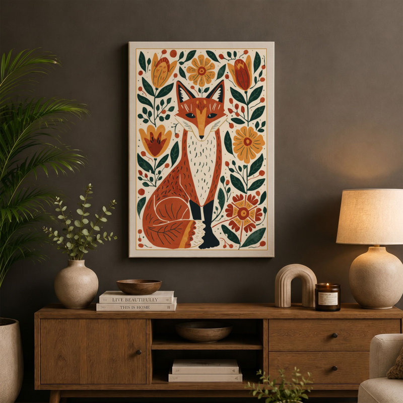 Fox and Botanica Botanical - Wrapped Canvas, 18x12 - 45.7 x 30.5 cm, Terracotta Border