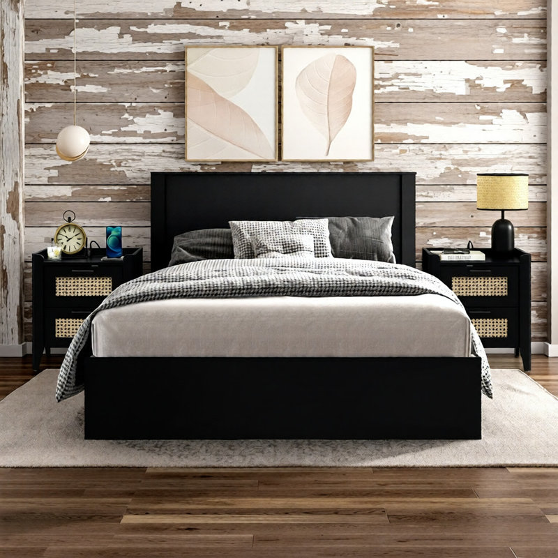 Table de chevet 2 tiroirs d'inspiration rotin avec station de charge, table de chevet avec tiroirs, table de chevet pour chambre à coucher, table de bout ou table d'appoint pour le salon, P 15,5 po x l 18,9 po x H 21,7 po, noir