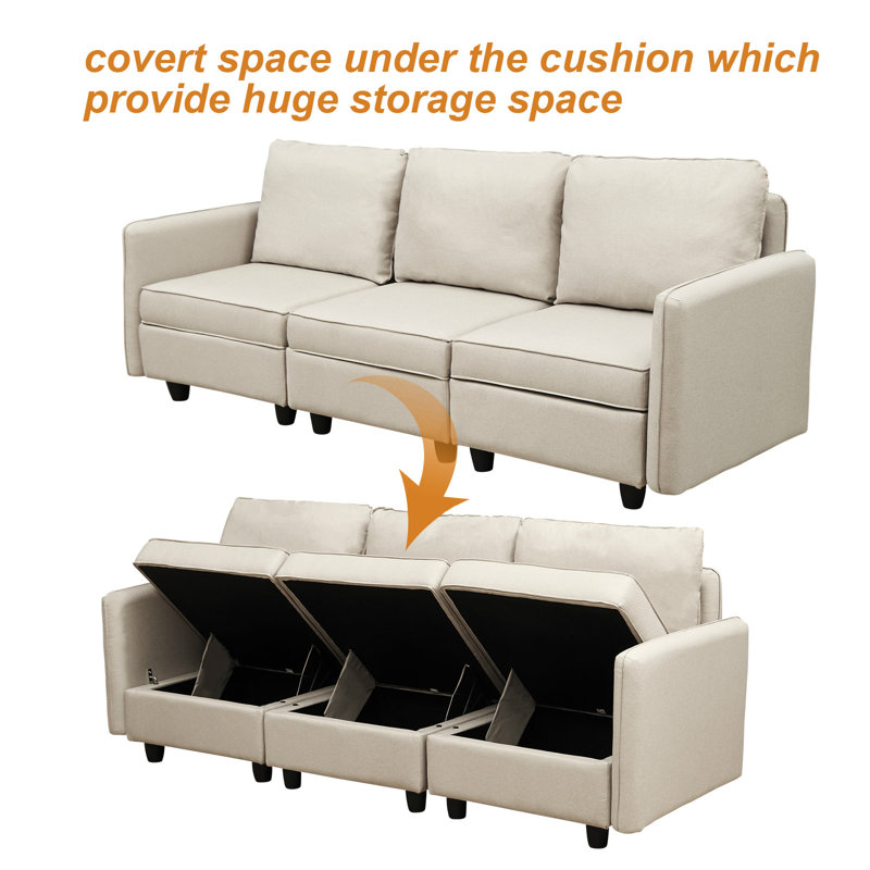 Vaios 92'' Linen Square Arm Modular Sectional Sofa, Beige 