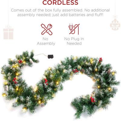 9Ft Pre-Lit Holiday Pre-Decorated Christmas Garland For Stairs, Fireplace, Decoration W/PVC Tips, 50 Lights, Pine Cones, Berries - Semi-Flocked