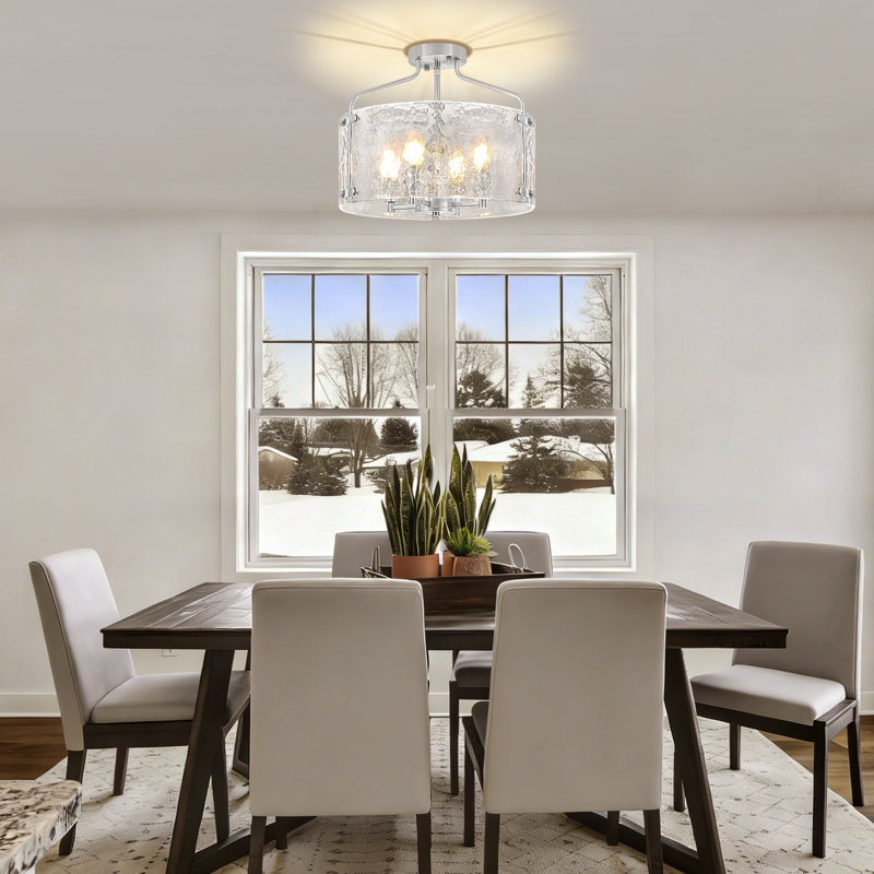 4 - Light Modern Glass Drum Semi Flush Mount Ceiling Light Fixture For Kitchen Bedroom Entryway Hallway, Nickel