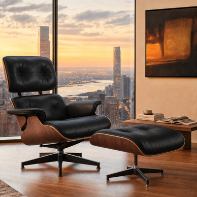Classic Genuine Leather Swivel Lounge Chair with Ottoman for Living Room, Solid Wood Accent Chair