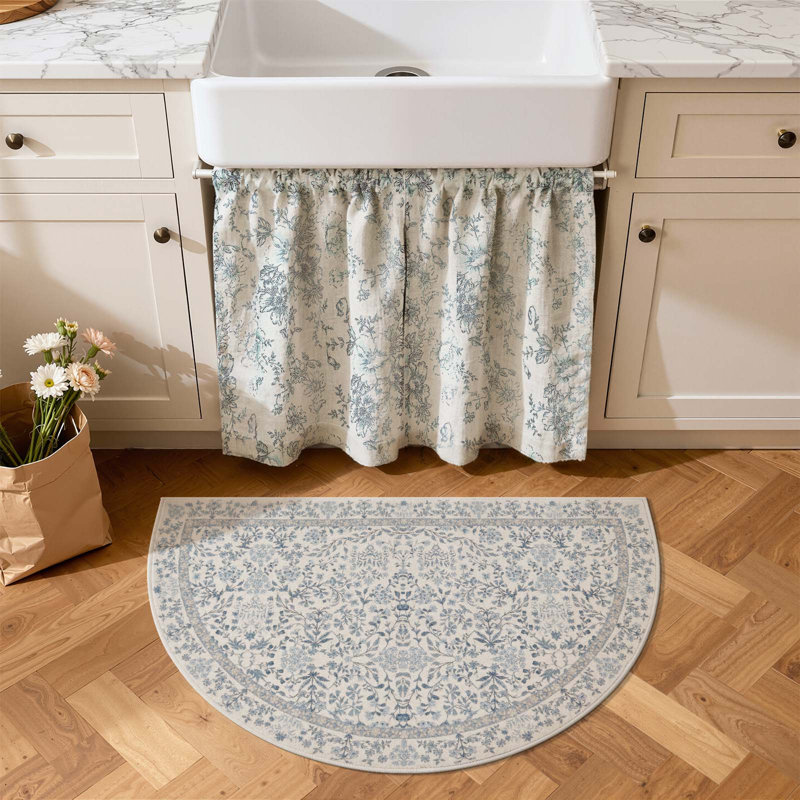 Tapis floral lavable à la machine, Blue, Half-circle 1'11" x 3'