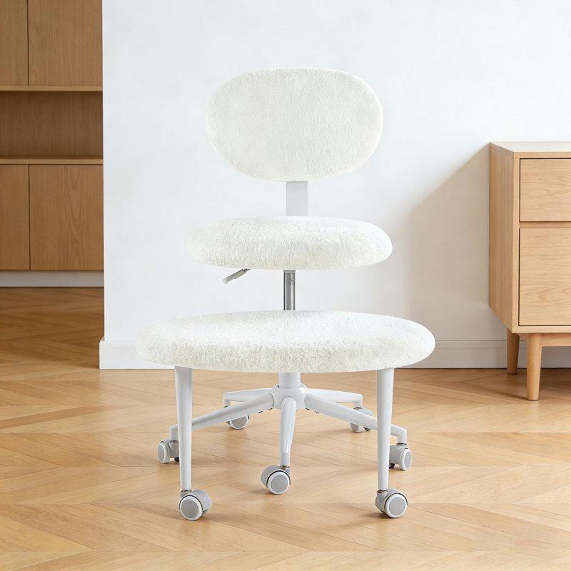 Chaise de bureau rembourrée en tissu polaire à hauteur ajustable avec support lombaire et roulettes, Blanc
