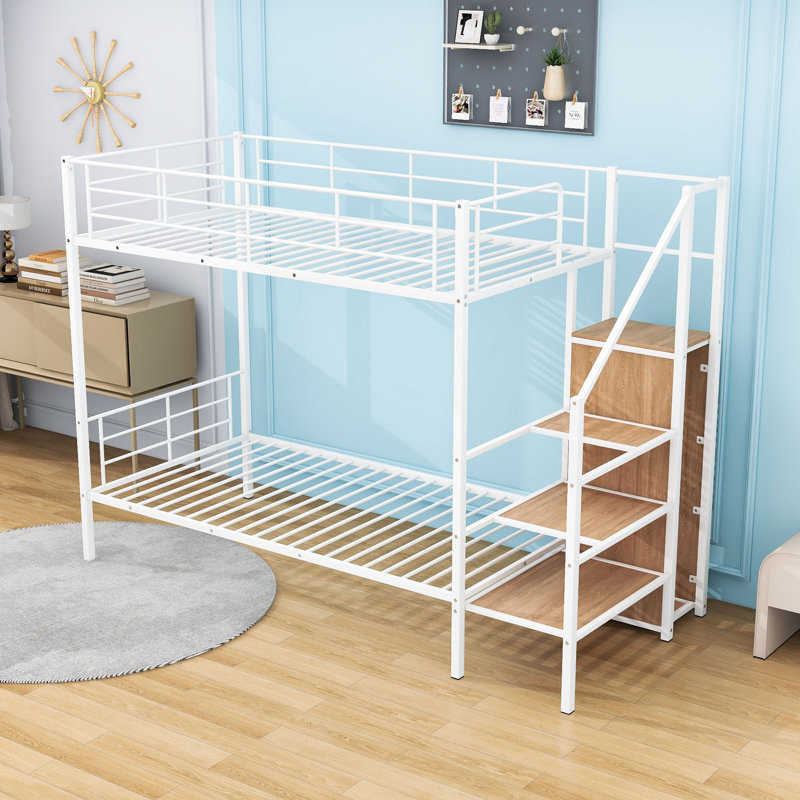Metal Bunk Bed With Storage Wardrobe And Staircase, Twin over Twin, White
