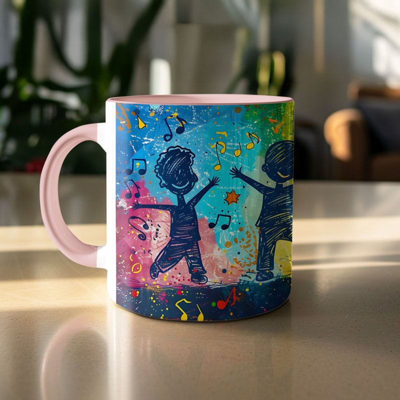 Kids Drawing Style 11oz Accent Mugs – Ceramic Coffee Cup with a Pink Handle and Interior