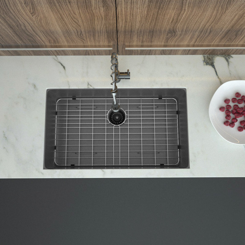 33" L x 19" W Undermount Single Bowl Stainless Steel Kitchen Sink with Basket Strainer and Sink Grid, Black, 18 Gauge