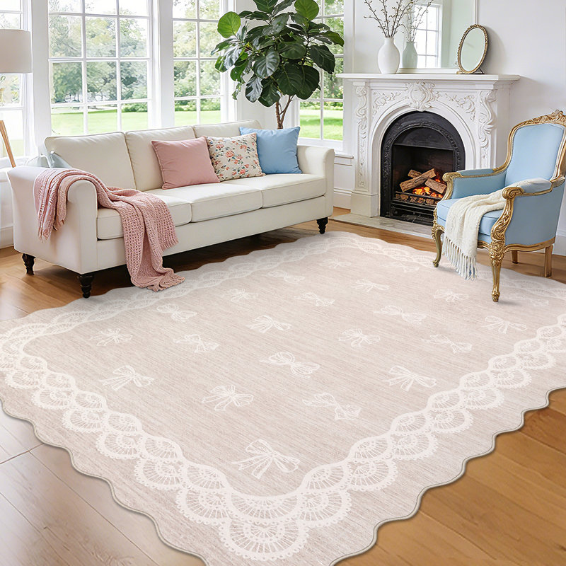 Scalloped Edge Bow Print Area Rug, Washable Non-Slip Low Pile Carpet for Living Room Bedroom, Cute Lace Border Soft Floor Mat for Home Decor
