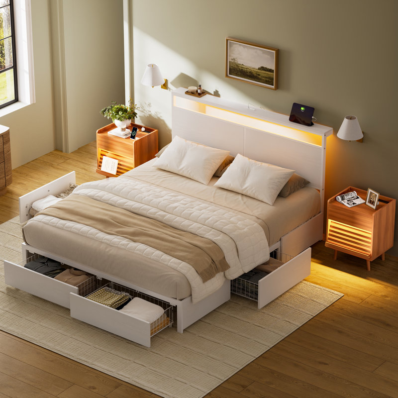 Ensemble de chambre à coucher 3 pièces, lit plateforme avec 4 tiroirs de rangement et charge USB, 2 tables de chevet avec lumières DEL