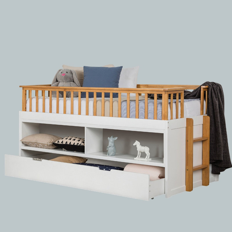 Lit capitaine simple avec lit gigogne, style transitionnel en chêne et blanc, bois d'ingénierie, chêne à tablettes ouvertes, bois franc massif, bibliothèque