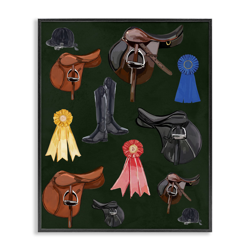 Art équestre, selles et rubans, estampe numérique par Amelia Noyes, Giclée encadrée noir minuit, H 14 po x l 11 po