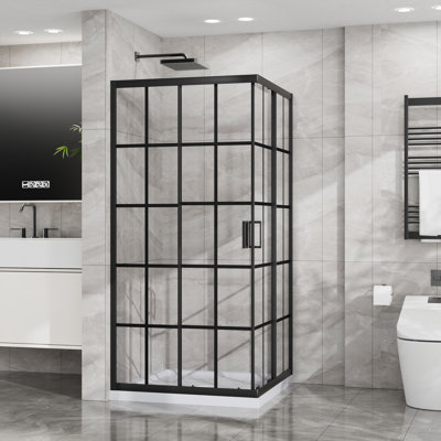 Goodyo Corner Shower Enclosure 36 in.D x 36 in. W x 72 in. H, Double Sliding Shower Door with White Shower Base, 1/5 in French Lines Tempered Glass Shower Stall, Matte Black