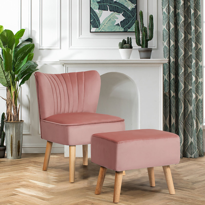 Ferndale Velvet Slipper Chair with Ottoman, Pink