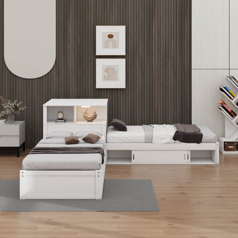 Lit plateforme en L avec lit gigogne, lit d'angle en bois avec éclairage à DEL, bureau, armoires et tête de lit intégrée