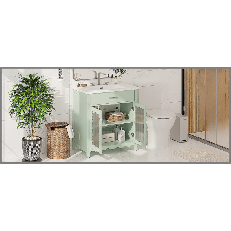 Meuble-lavabo de 30 pouces avec verre trempé, conception moderne, portes à fermeture en douceur et lavabo en céramique durable de couleur verte