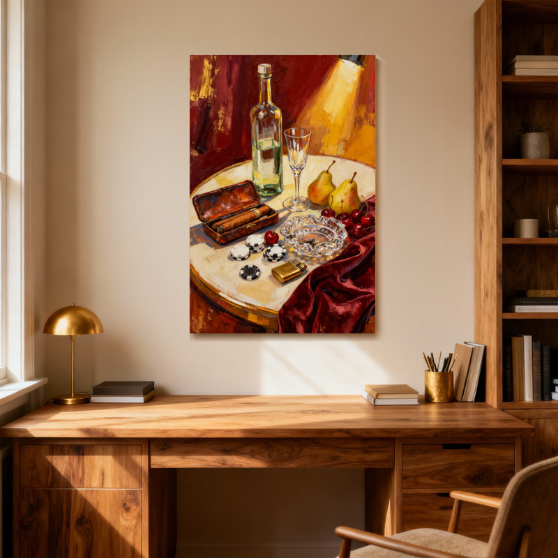 Mode nature morte avec bouteille et fruits, H 24 po x l 16 po